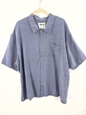 Flax 100% Linen Button Up Shirt Mens Large Short Sleeve Beach Casual Washable